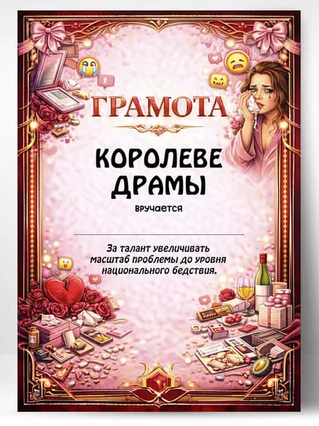 Грамота диплом в подарок - Королеве драмы