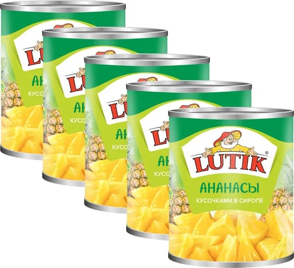 Ананасы Lutik кусочки в сиропе, комплект: 5 упаковок по 580 г