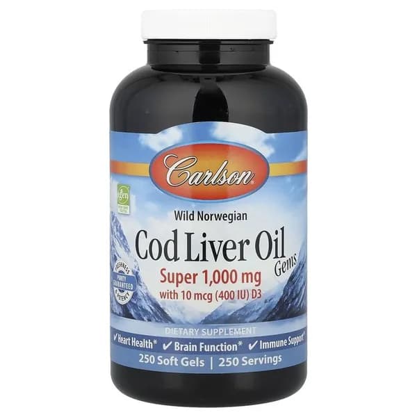 Carlson, Wild Norwegian, Cod Liver Oil Gems, жир печени дикой норвежской трески, 1000 мг, 250 капсул