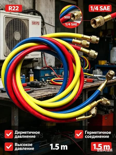 Заправочный шланг для фреона R22 длиной 1.5 м, используемый в холодильных установках и кондиционерах, изготовлен качественно для высокого давления.