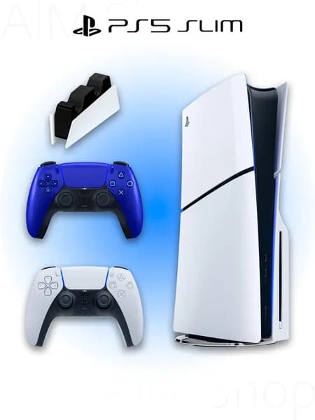 Игровая приставка Sony PlayStation 5 Slim с дисководом + 2 геймпад (синий, Cobalt Blue) + зарядная станция
