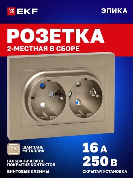 Розетка внутренняя двойная с заземлением 16А 250В Эпика