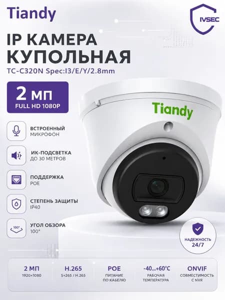 Купольная камера видеонаблюдения IP 2 Мп, уличная, PoE, встроенный микрофон, объектив 2,8 мм, IP67, Tiandy TC-C320N