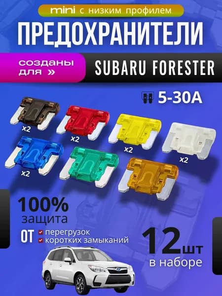 Предохранители для Субару Форестер (Subaru Forester) / автомобильный набор Мини с низким профилем, 12 штук с пинцетом / флажковые 5-30 А