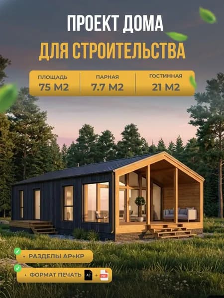 Проект дома Барнхаус 12,4м х 6,5м, площадь 75м2, парная , кухня - гостиная