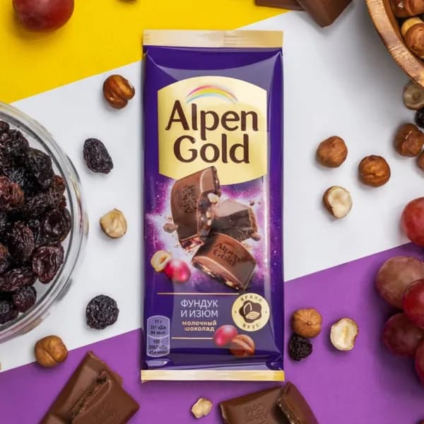 Молочный шоколад Alpen Gold с фундуком и изюмом, 80 г х 1 шт.