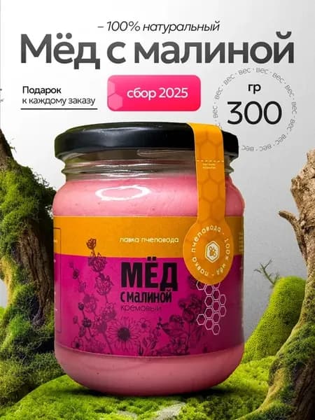 Мед натуральный с малиной, 300 г, сбор 2025, без сахара