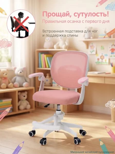 Детское компьютерное кресло, ортопедическое,съёмная подставка для ног, дополнительный чехол в цвет кресла,Регулируемые подлокотники,розовый
