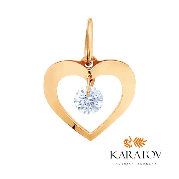 Подвеска сердце на шею женская золото 585 пробы с фианитом, KARATOV