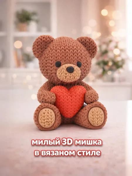 Милый 3D мишка в вязаном стиле с сердцем декоративная фигурка
