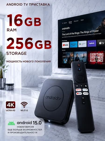 Смарт ТВ приставка для телевизора, 16/256 ГБ, Андроид 15 Android TV Box, Wi-Fi 6, медиаплеер 4K