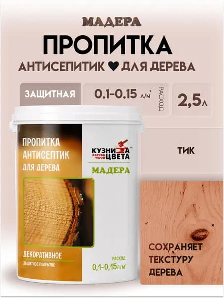 Пропитка антисептик Мадера для дерева, защитная от грибка, насекомых и гниения, 2л, ТИК