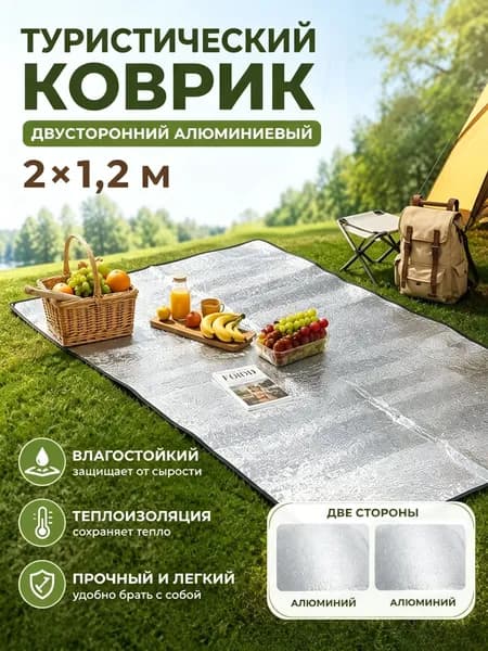 Коврик туристический 2x1,2м, лвусторонняя алюминиевая пленка