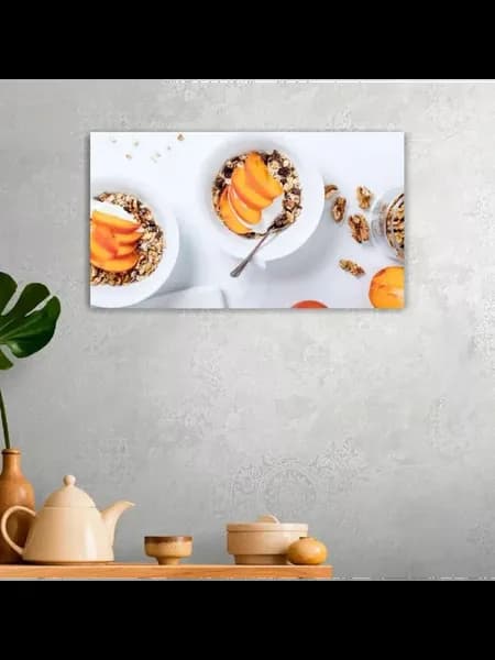 Картина на холсте, 40x60, Орехи персики мюсли завтрак