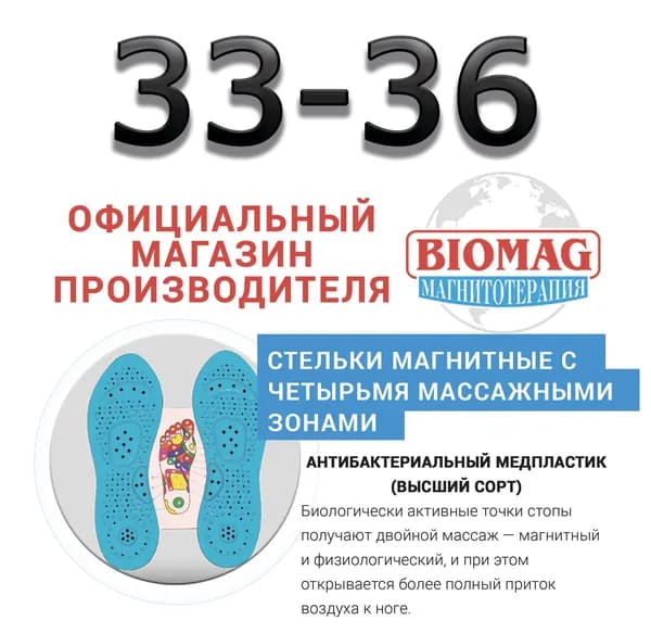 Стельки магнитные (высший сорт - антибактериальный медпластик) 33-36 с четырьмя массажными зонами БИОМАГНЕТИК