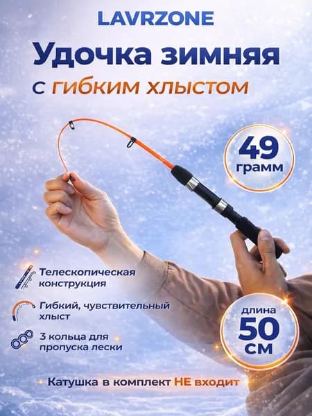 Удочка зимняя телескопическая LAVRZONE 50см 3 кольца для зимней рыбалки c гибким хлыстом (только удилище)