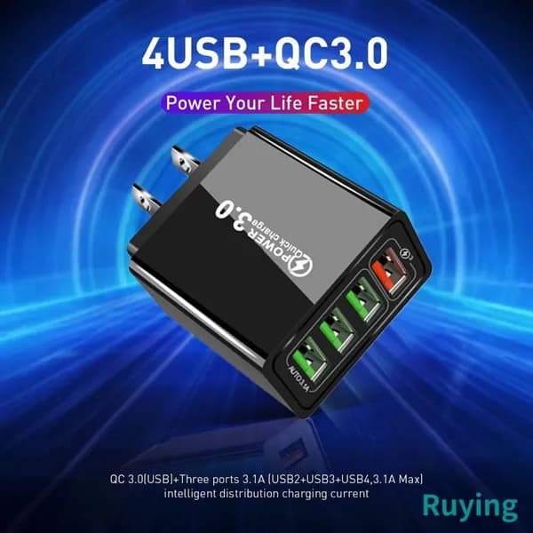 Быстрое зарядное устройство QC3.0 с четырьмя USB-портами для путешествий