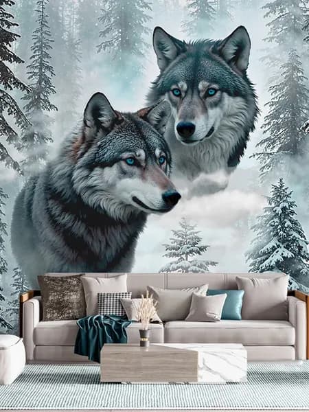 Фотообои 3d в спальню и для зала Волки лес в тумане 400х270