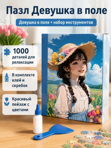 Набор пазлов 1000 деталей: пазл, образец, клей и скребок Девушка в саду