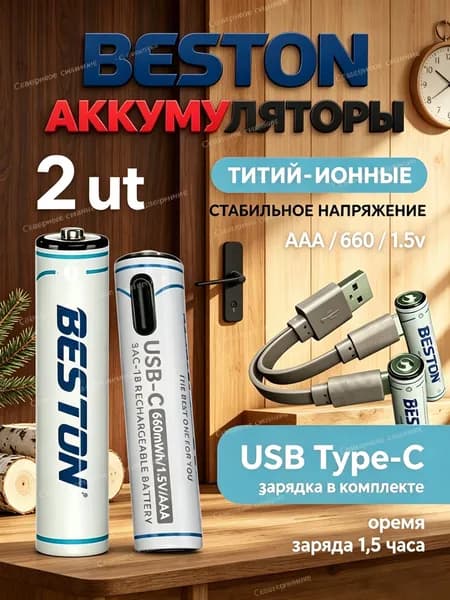 Аккумуляторные батарейки BESTON AAA 1.5V Li-ion 660mAh USB-C, 2 шт с кабелем