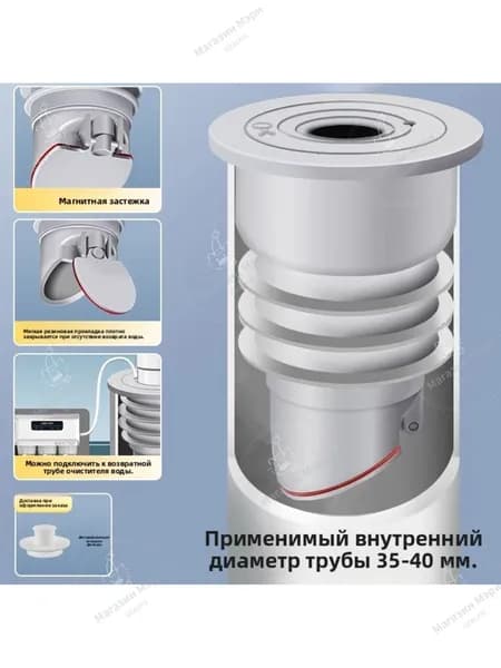 Клапан обратный для канализации, антифлуидный с магнитной защитой от запаха, труб 35-75 мм, ванной и кухни