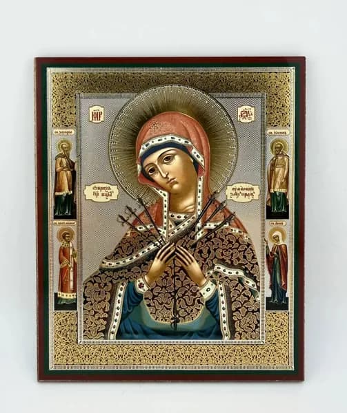 Икона Божией Матери Умягчение злых сердец Семистрельная икона для дома Защита семьи от сорОСВЯЩЕНО (13.5 х 11 см)
