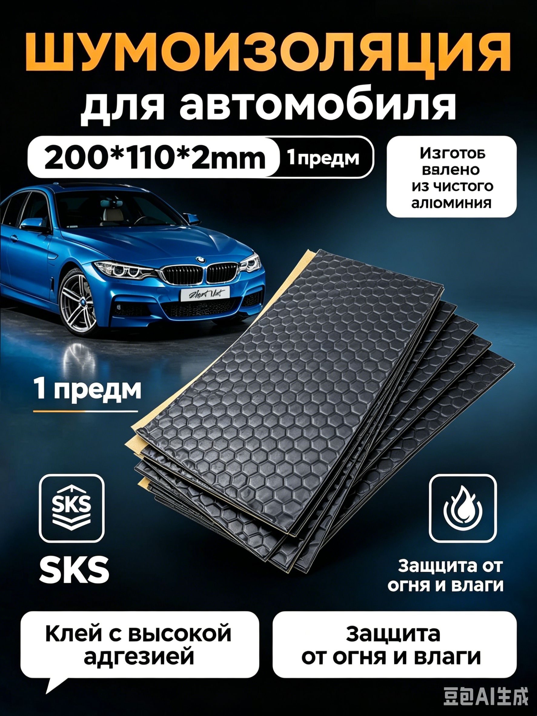Шумоизоляция автомобильная, 0.2 м, толщина: 2 мм, 1 шт.