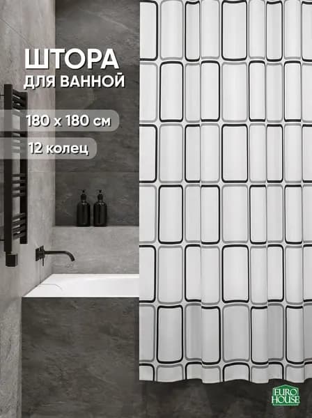 Штора для ванной виниловая премиум,180х180см, 12 колец, белая, клетка