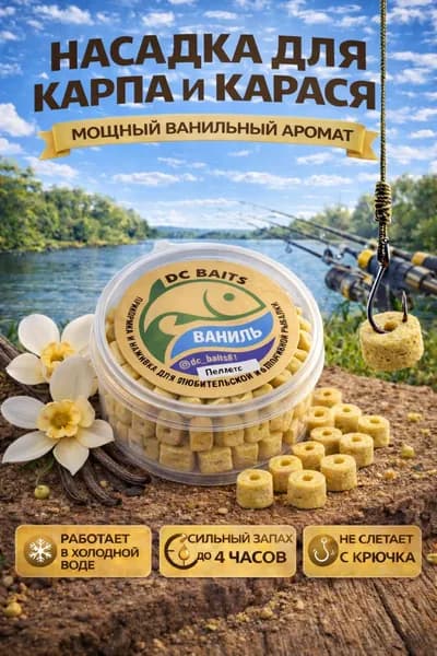 Насадка пеллетс крупный "Ваниль" для рыбалки, прикормка карп карась, аромат до 4 часов, для фидера и донки