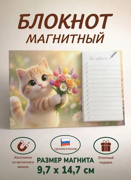 Блокнот магнитный "Рыжий кот с букетом цветов"