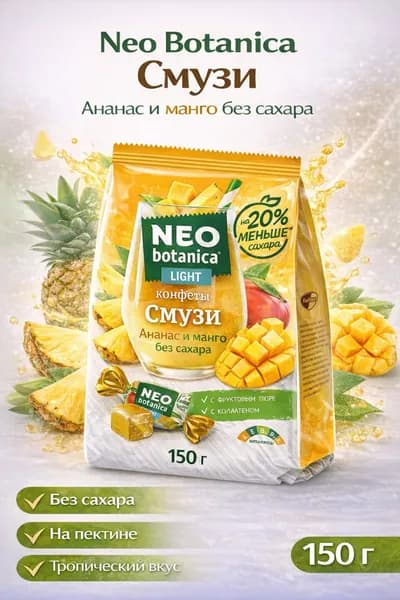 Желейные конфеты Neo-Botanica Смузи ананас и манго 150 г мармелад без сахара на пектине, фруктовые конфеты со стевией и мальтитом, тропический вкус