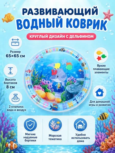 Развивающий водный коврик 65х65 см, надувной акваковрик с водой и плавающими игрушками, сенсорный игровой коврик
