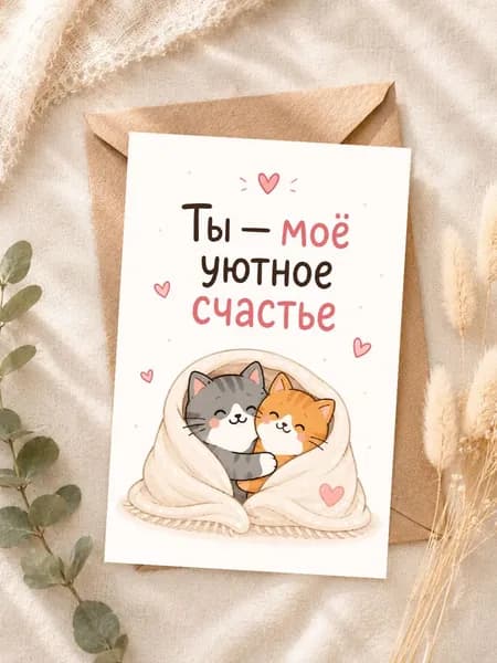 Открытка "Ты моё уютное счастье", романтичная открытка с котиками и конвертом, 10х15