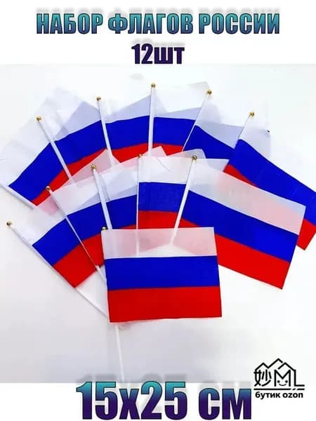 Флаг России набор из 12шт 15х25см на палочке/ Триколор Российская Федерация