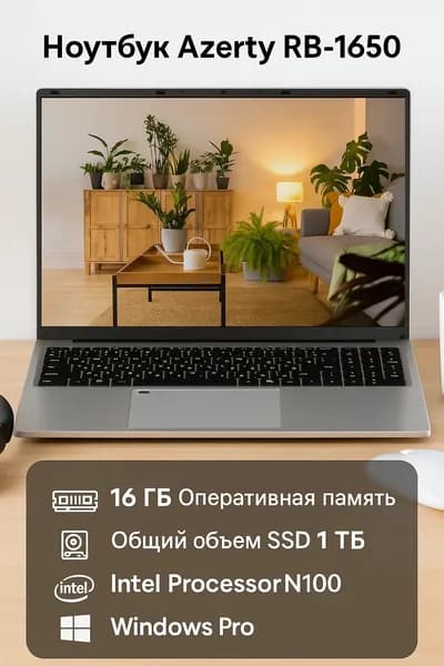 Azerty RB-1650 Ноутбук 16", Intel Processor N100, RAM 16 ГБ 1024 ГБ, Intel UHD Graphics, Windows Pro, серебристый, Русская раскладка