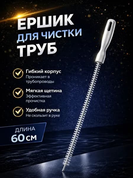 Трос для прочистки раковины, кальяна, труб, Ершик от засоров, Ершик-волосогон, Щетка 60 см