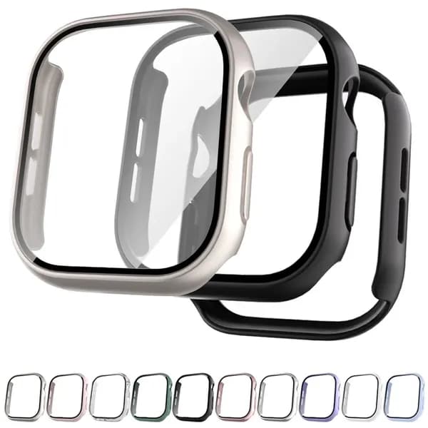 Закаленное стекло + чехол для аксессуаров Apple Watch 40 41 42 44 45 46 мм Защитная пленка для экрана Apple watch Case Серии 10 9 8 7 SE 6 5 4