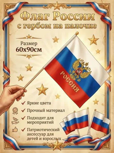 Флаг России с гербом на палочке, 60х90см