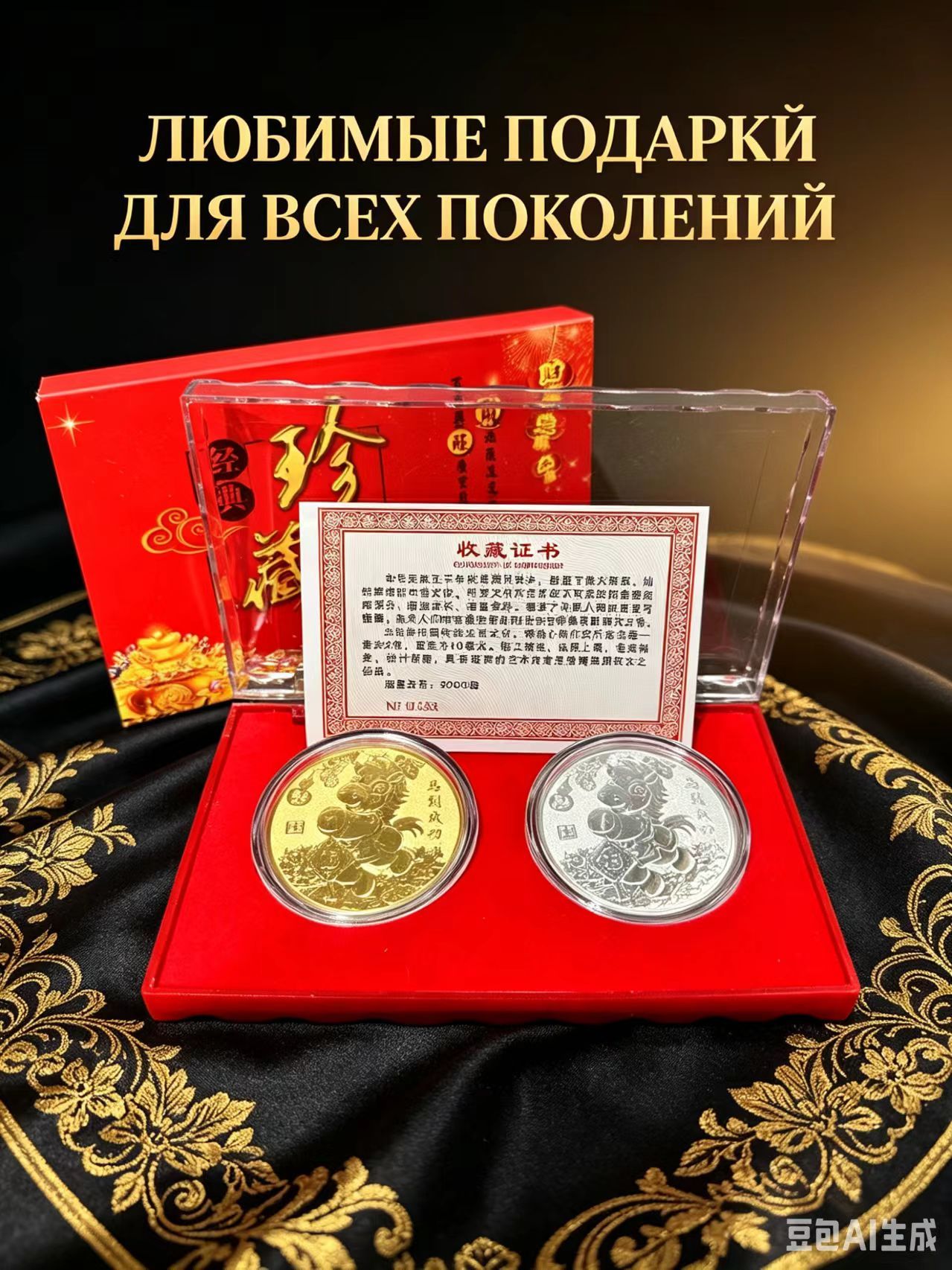 Коллекционный комплект золотой и серебряной монеты символ Лошади на удачу