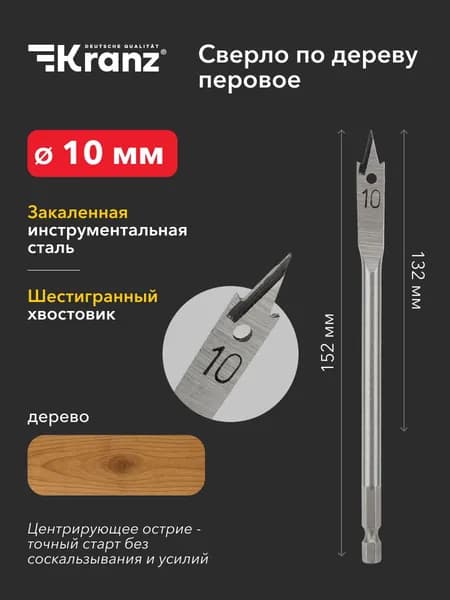 Сверло по дереву перовое 10 мм с шестигранным хвостовиком KRANZ