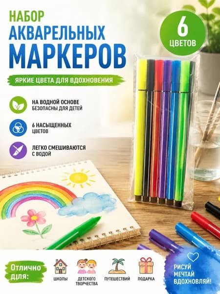 Маркер Акварельный, толщина: 1.5 мм, 6 шт.для скетчинга, для граффити