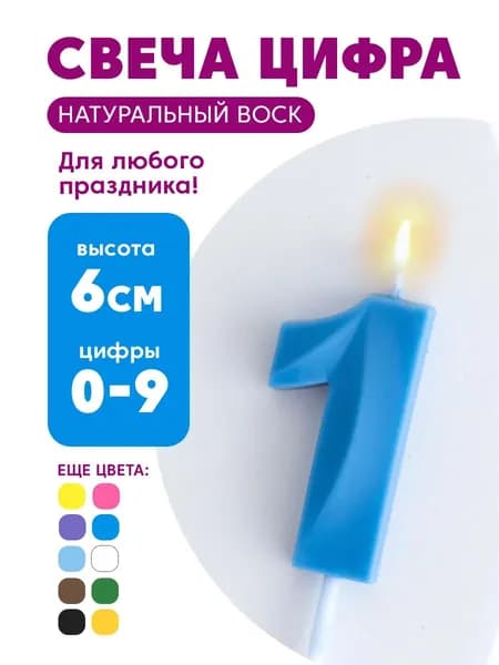Свеча для торта цифра 1, годик голубой