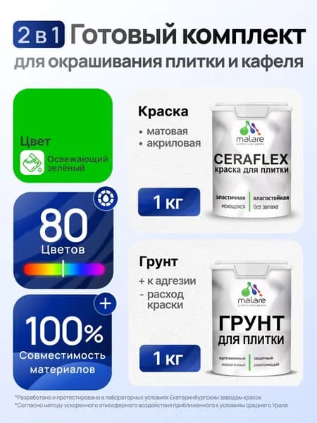 Комплект Malare LIPPO для окрашивания плитки и кафеля (1кг грунт + 1 кг краска), акриловый, без запаха, быстросохнущий, матовый, цвет освежающий зеленый