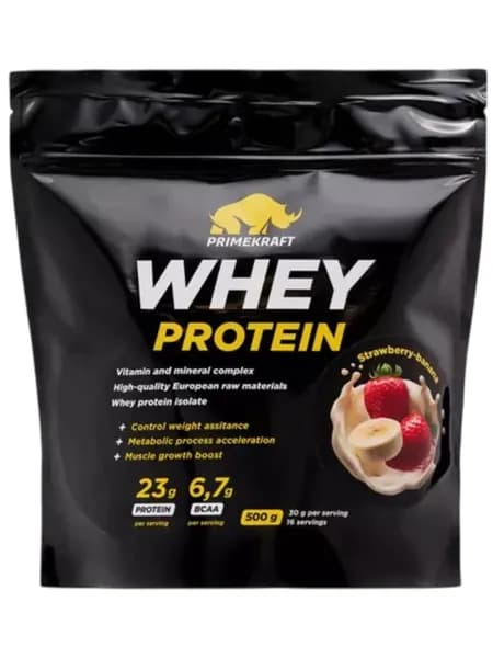 Сывороточный протеин PRIMEKRAFT Whey Protein 500 г, Клубника-банан, Рост мышц, контроль веса и восстановление