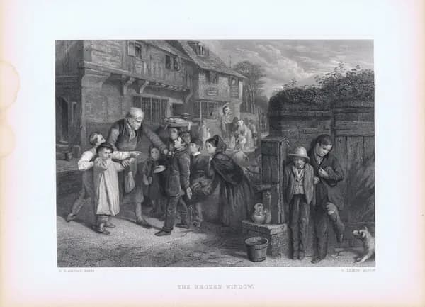 Разбитое окно. Антикварная гравюра (офорт). США, 1875 год