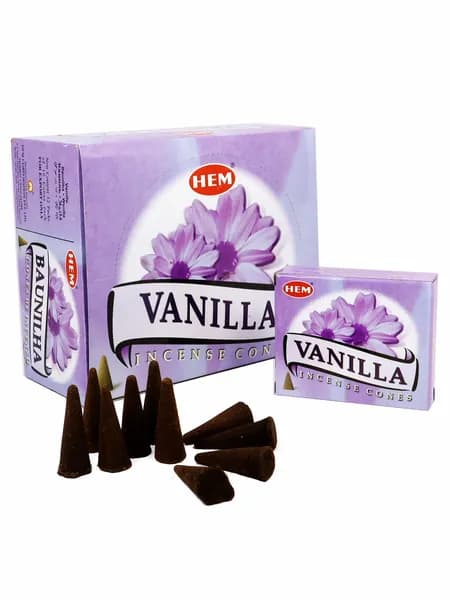 Благовония-Конусы "Vanilla" 1_упаковка_20гр - HEM "Ваниль" Индийские ХЕМ, Ароматические для Дома, 10_шт (конусов)