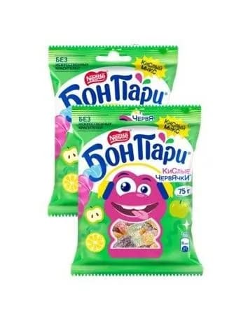 Бон Пари . Кислые Червячки . Мармелад жевательный фигурный со вкусом фруктов, 2шт по 75г