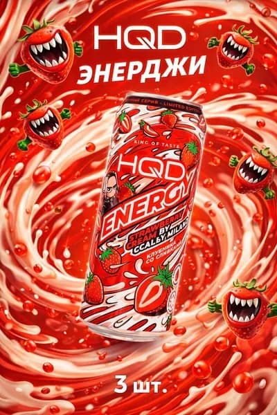 HQD Energy Энергетический напиток 450 мл - со вкусом клубники со сливками (3ШТ)