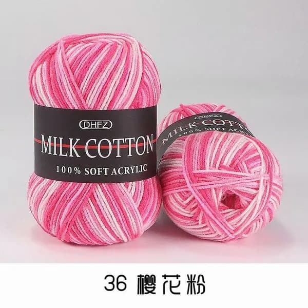 Пряжа для вязания DHFZ Milk Cotton Молочный хлопок мягкий акрил градиентная многоцветная поэтапно окрашенная розовый, пурпурный, белый 50 г.