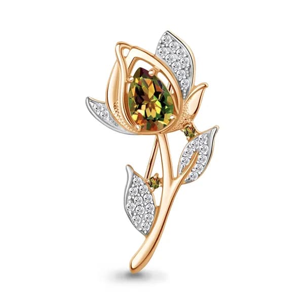 Брошь из золочёного серебра DIAMANT-ONLINE с фианитом и султанитом 925 пробы